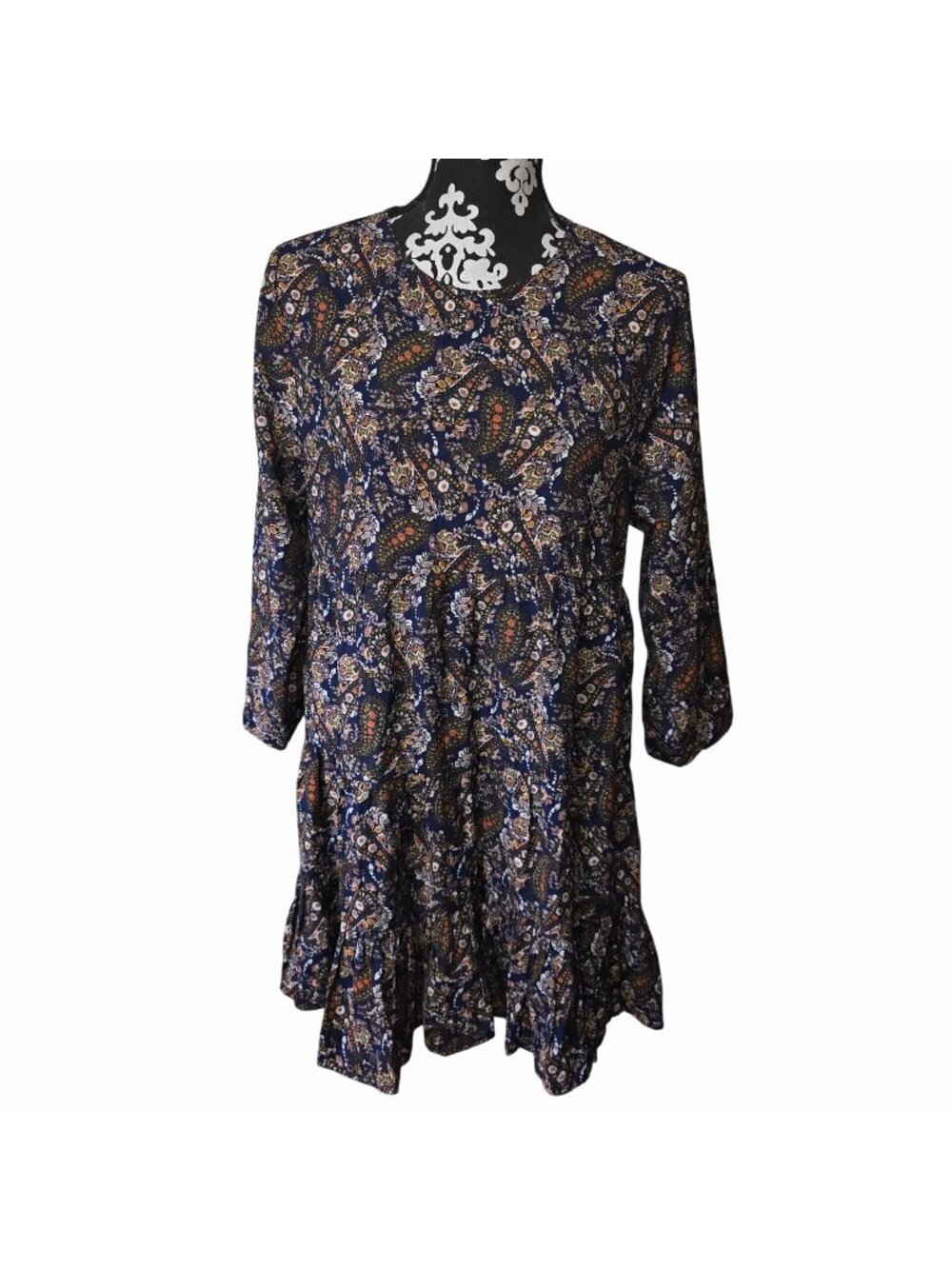 Natural Life M Boho Tunic Dress Blue Paisley Cottage Core Peasant Flowy